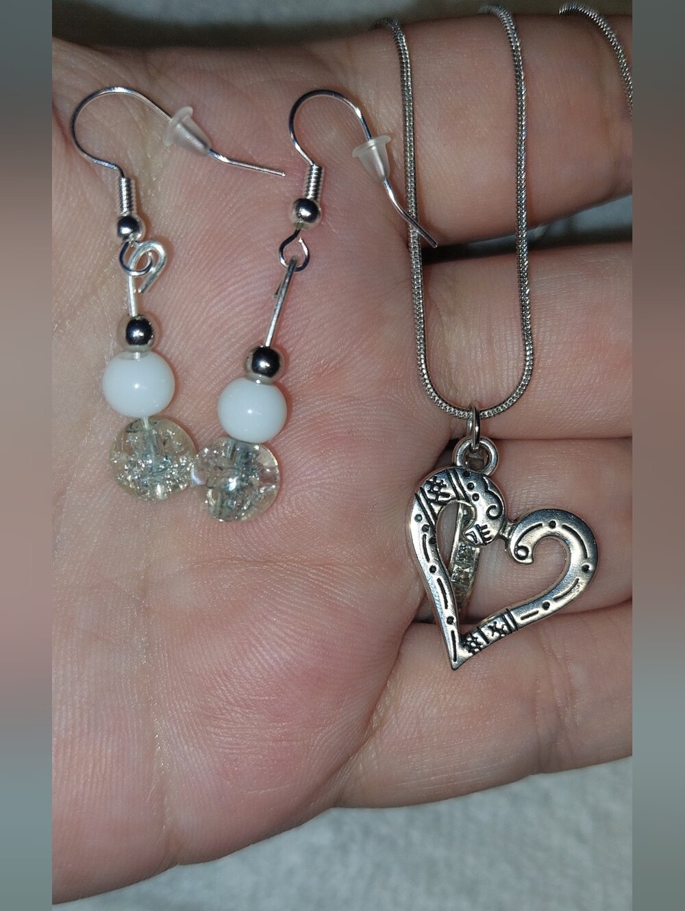 Silvertone Brighton Upcycled Heart Pendant Necklace and White Bead Earrings Set